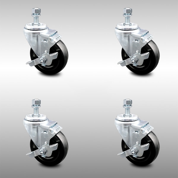 Service Caster 4 Inch SS Hard Rubber Wheel Swivel 12mm Threaded Stem Caster Set Brake SCC SCC-SSTS20S414-HRS-TLB-M1215-4 - main